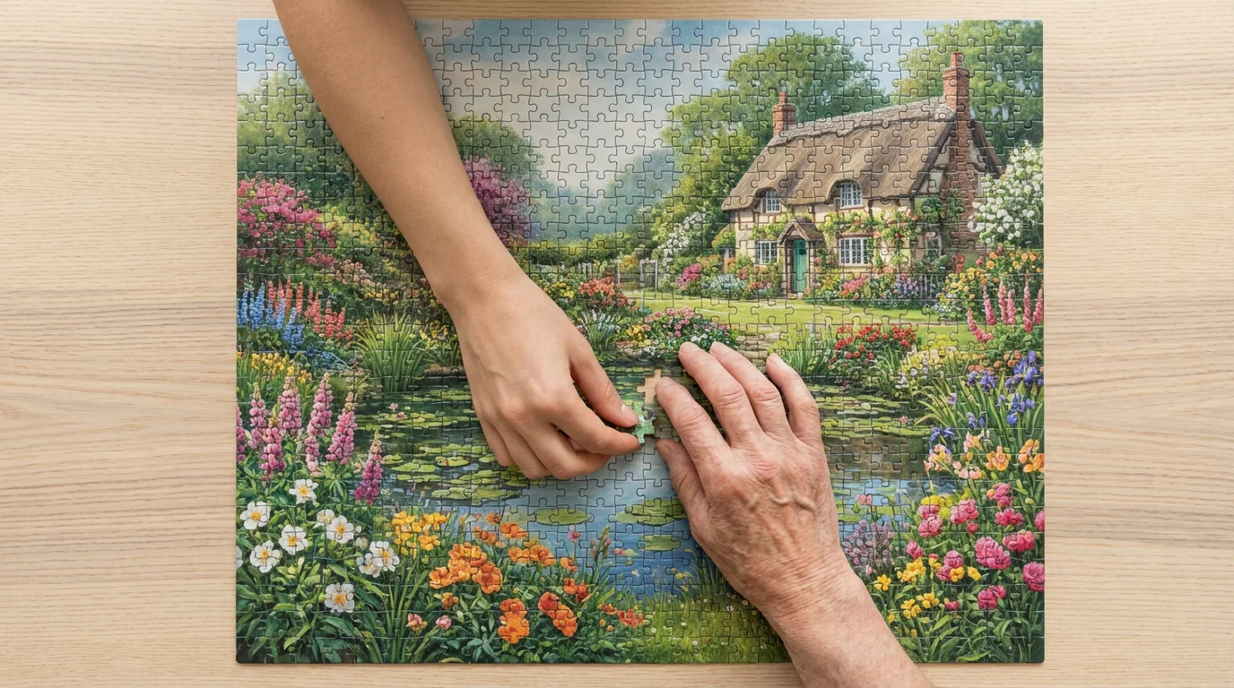 A high-angle flat lay shot of younger and older hands completing a puzzle together.
