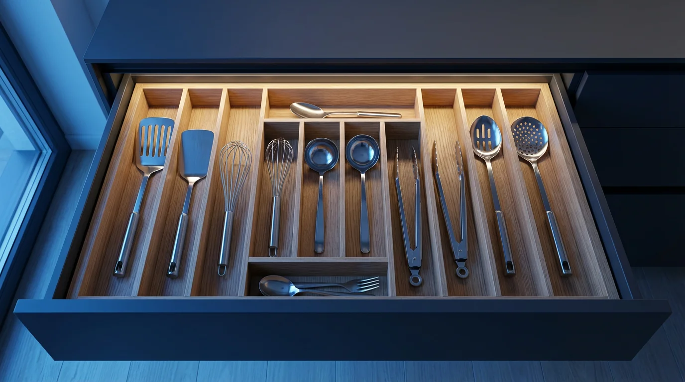 A high-angle flat lay view of a perfectly organized kitchen utensil drawer.