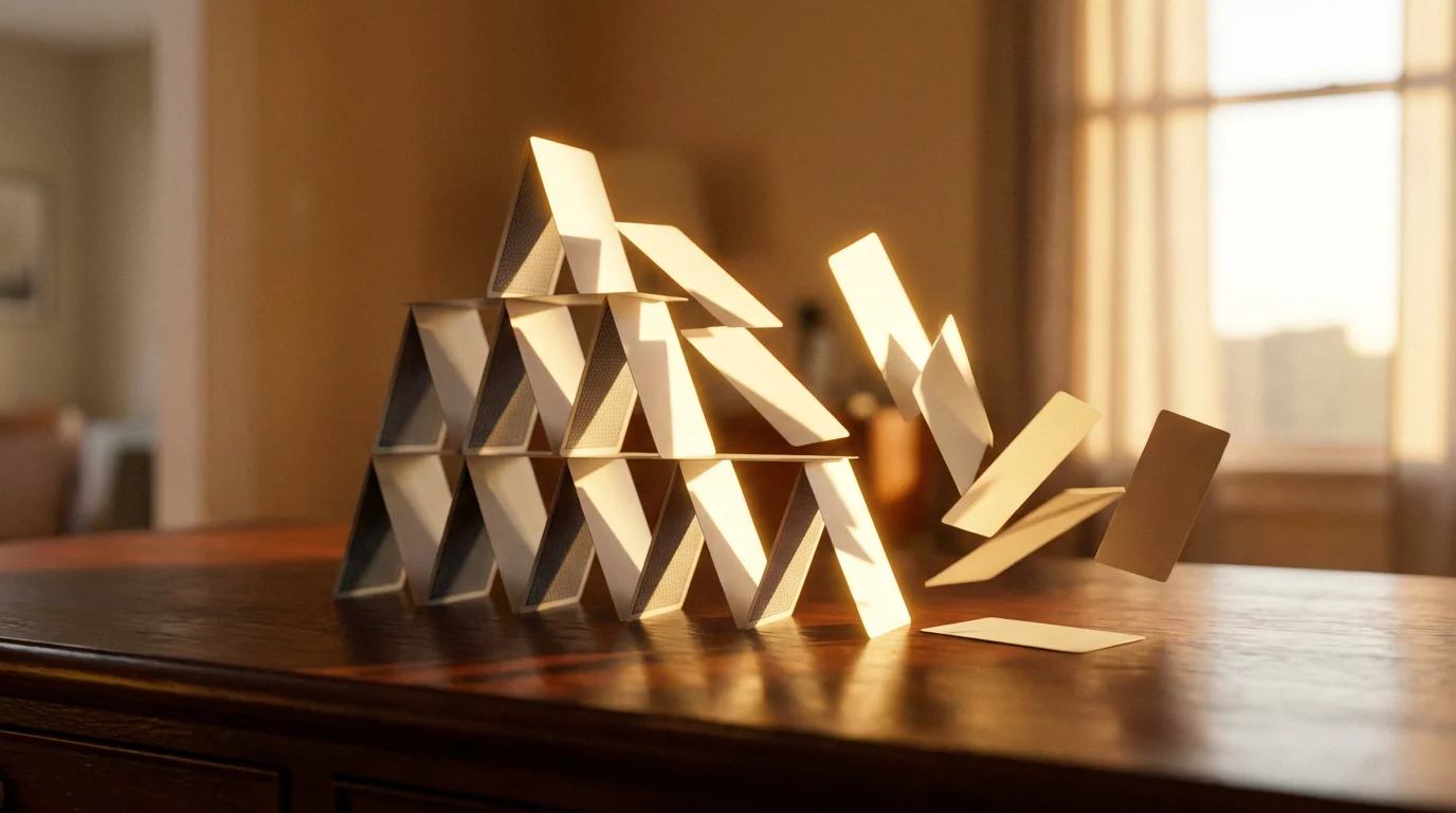 A house of cards made from blank cards collapsing on a desk at sunset.