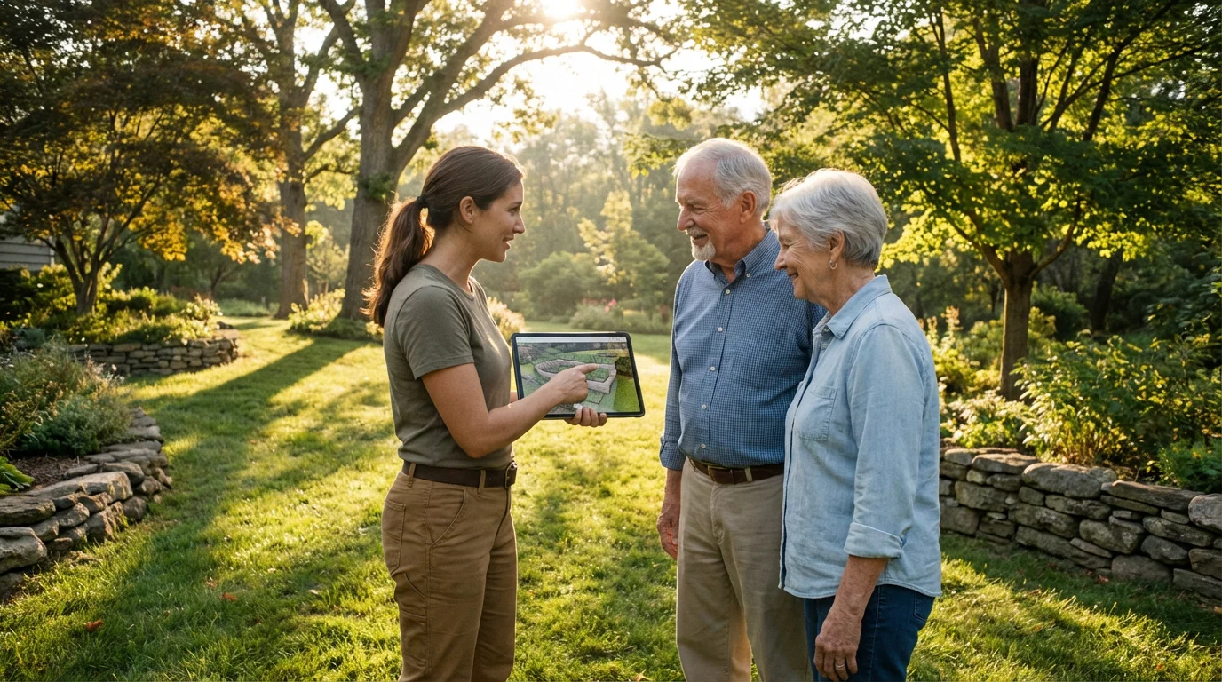 A landscape designer discusses accessible garden plans on a tablet with a senior couple.