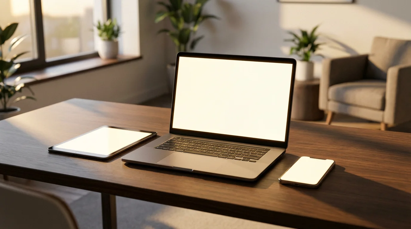 A laptop, tablet, and smartphone arranged on a desk during golden hour.