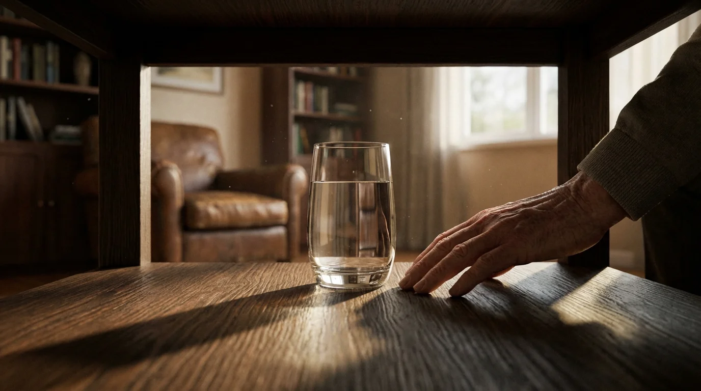 A low angle photo of an elderly person's hand by a glass of water.