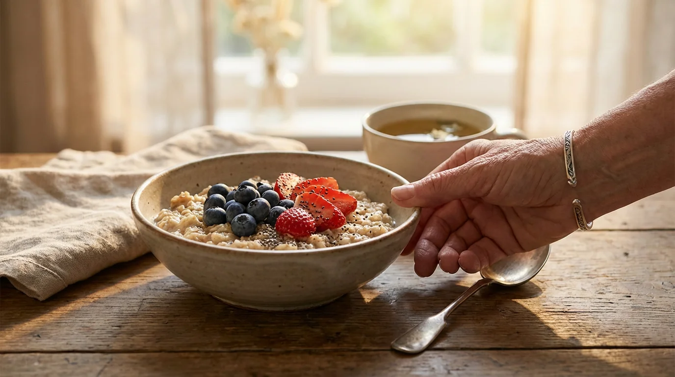 A low angle photograph of a healthy bowl of oatmeal with fresh berries for a senior.