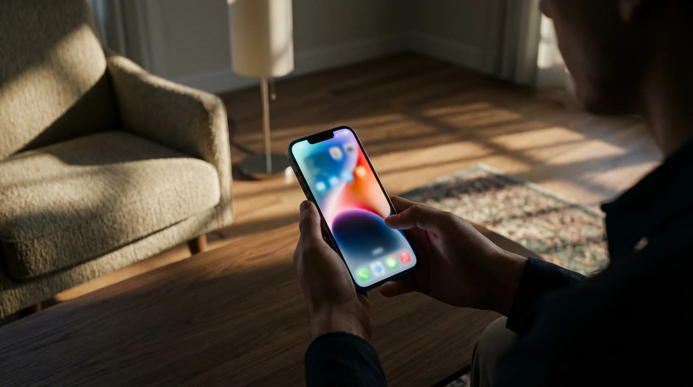 A low angle photograph of a person's hands holding a smartphone in a sunlit room.