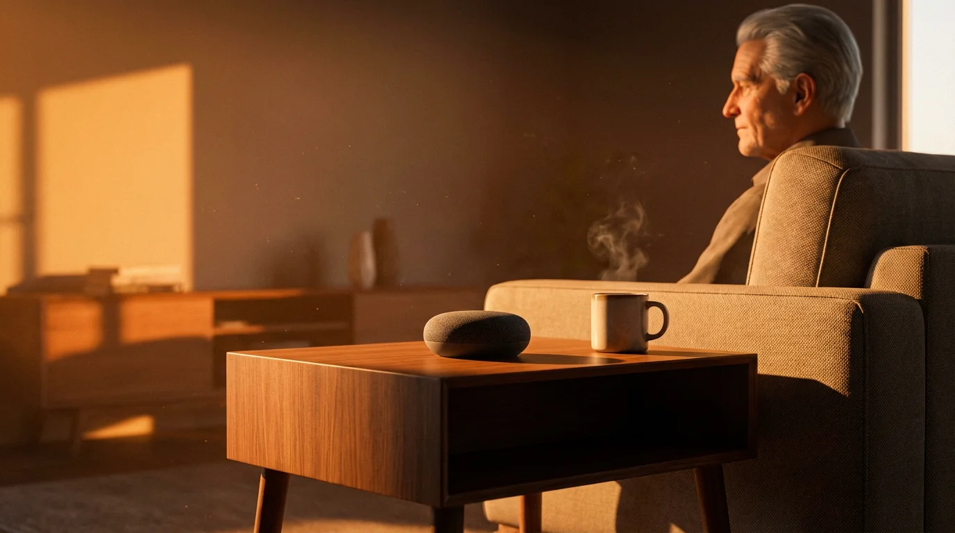 A low angle photograph of a smart speaker on a side table during a warm, golden hour sunset, an elderly man sits nearby.