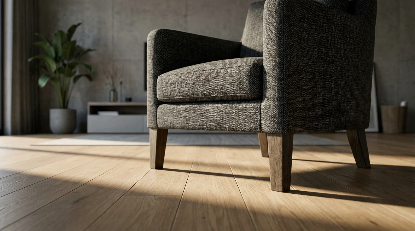 A low angle photograph of a stable armchair in a sunlit living room.