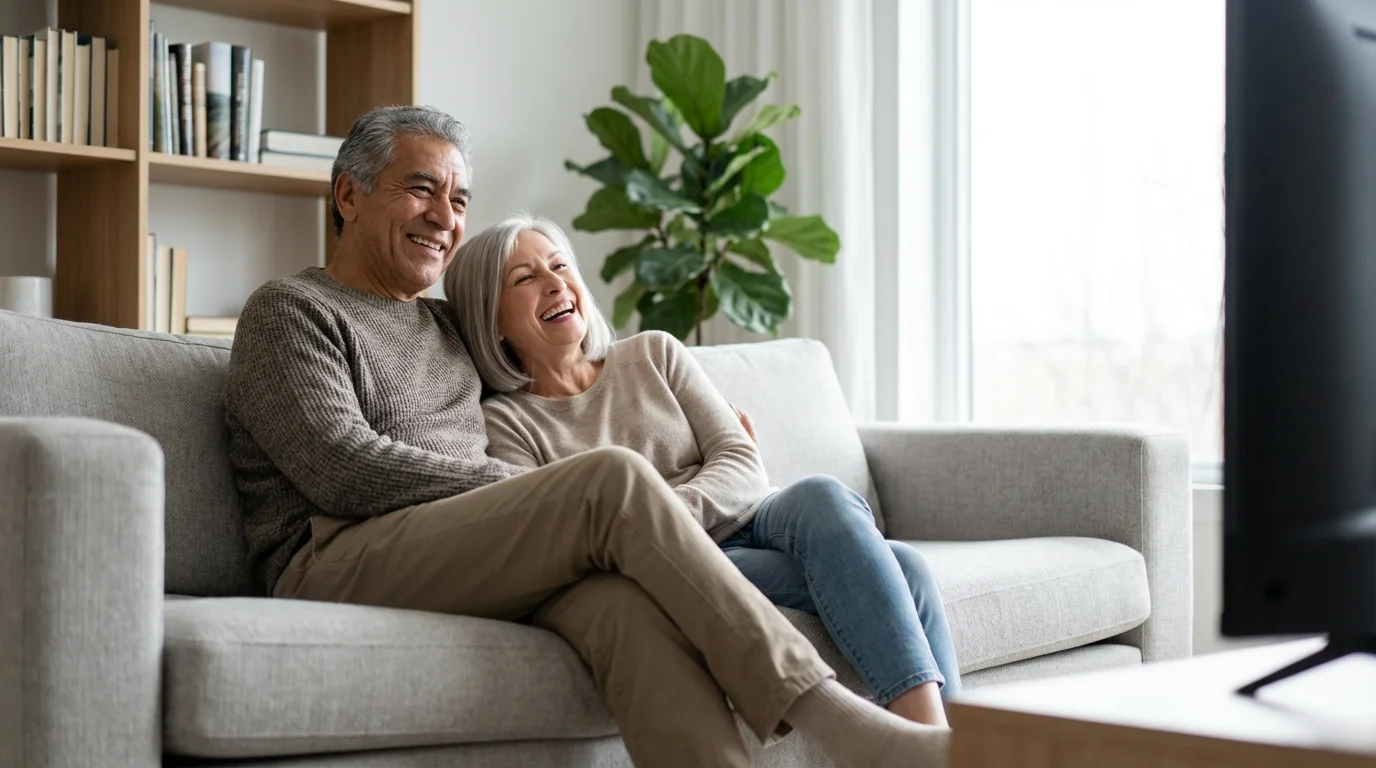 A low angle photorealistic shot of a happy senior couple laughing together on a sofa.