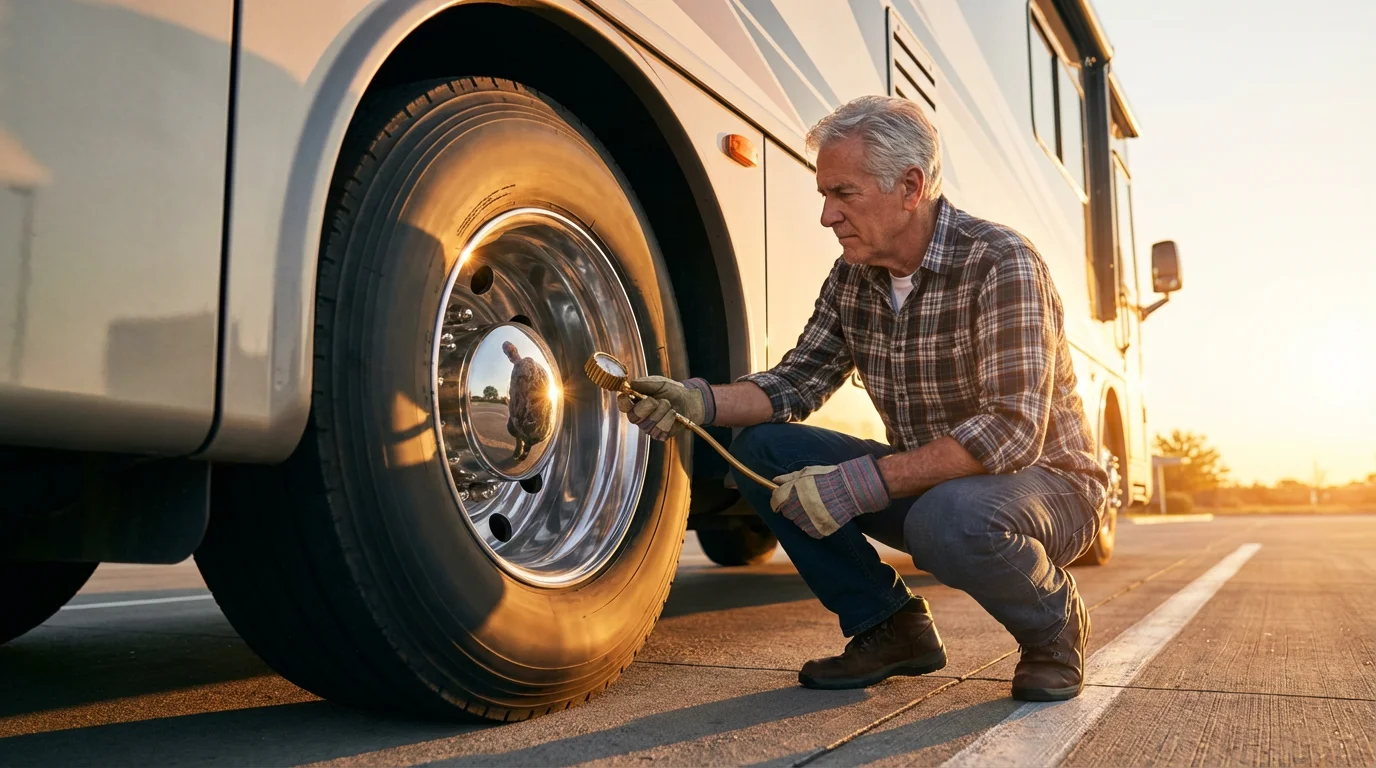 A low angle shot of a senior man checking the tire pressure on his RV.