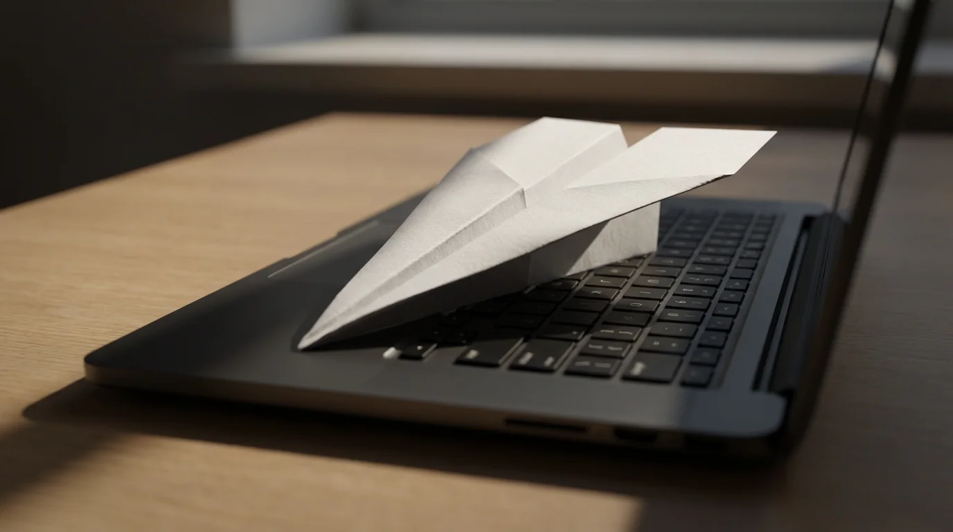 A low angle shot of a white paper airplane on a laptop keyboard casting a long shadow.