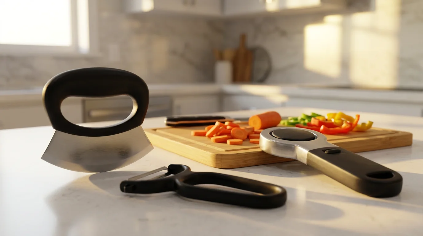 A low angle shot of adaptive kitchen tools on a countertop during golden hour.
