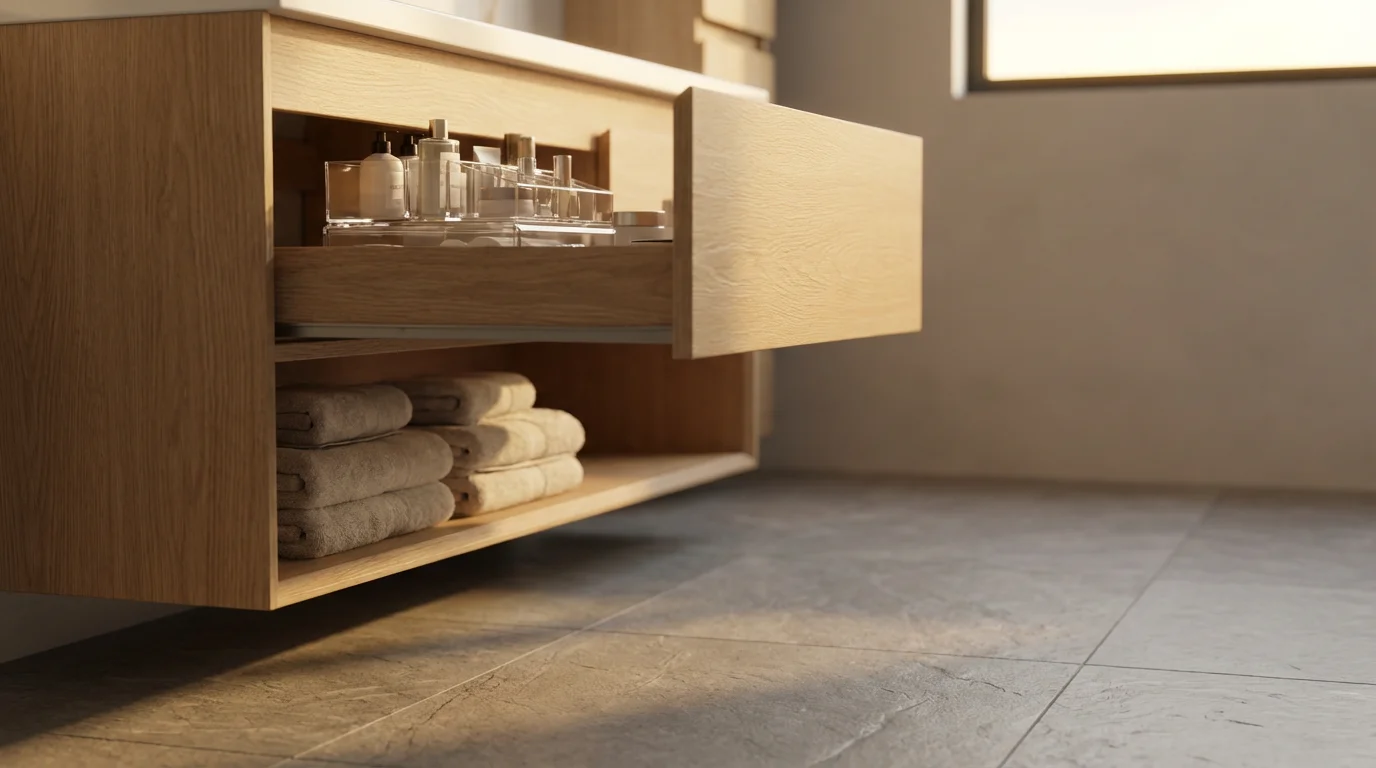 A low angle view of an accessible floating bathroom vanity with organized storage drawers.