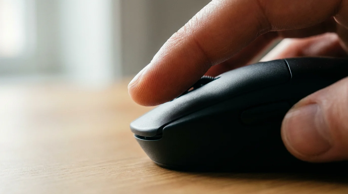 A macro photograph of a finger pausing before clicking a computer mouse, symbolizing online vigilance.