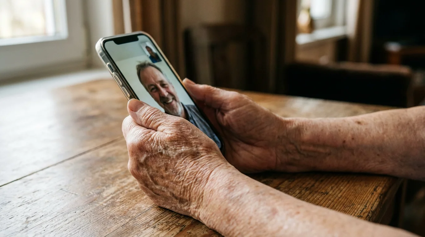A macro photograph of an elderly woman's hands holding a smartphone during a video call.