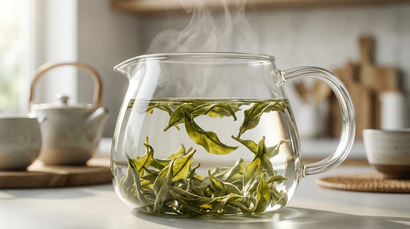 A macro photograph of green tea leaves unfurling in a clear glass teapot.