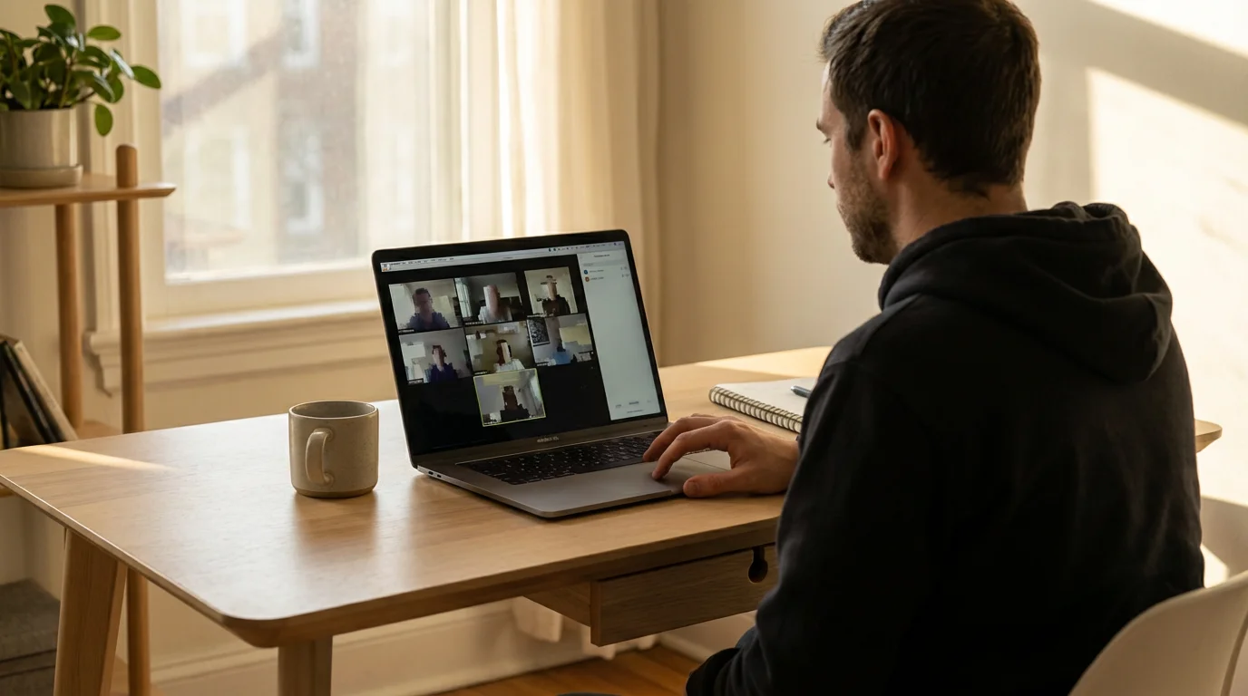 A man from over the shoulder troubleshooting a pixelated, frozen video call on his laptop.