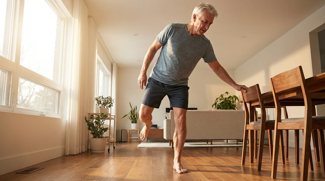 A man in his 60s does a single-leg balance exercise at home using a chair.