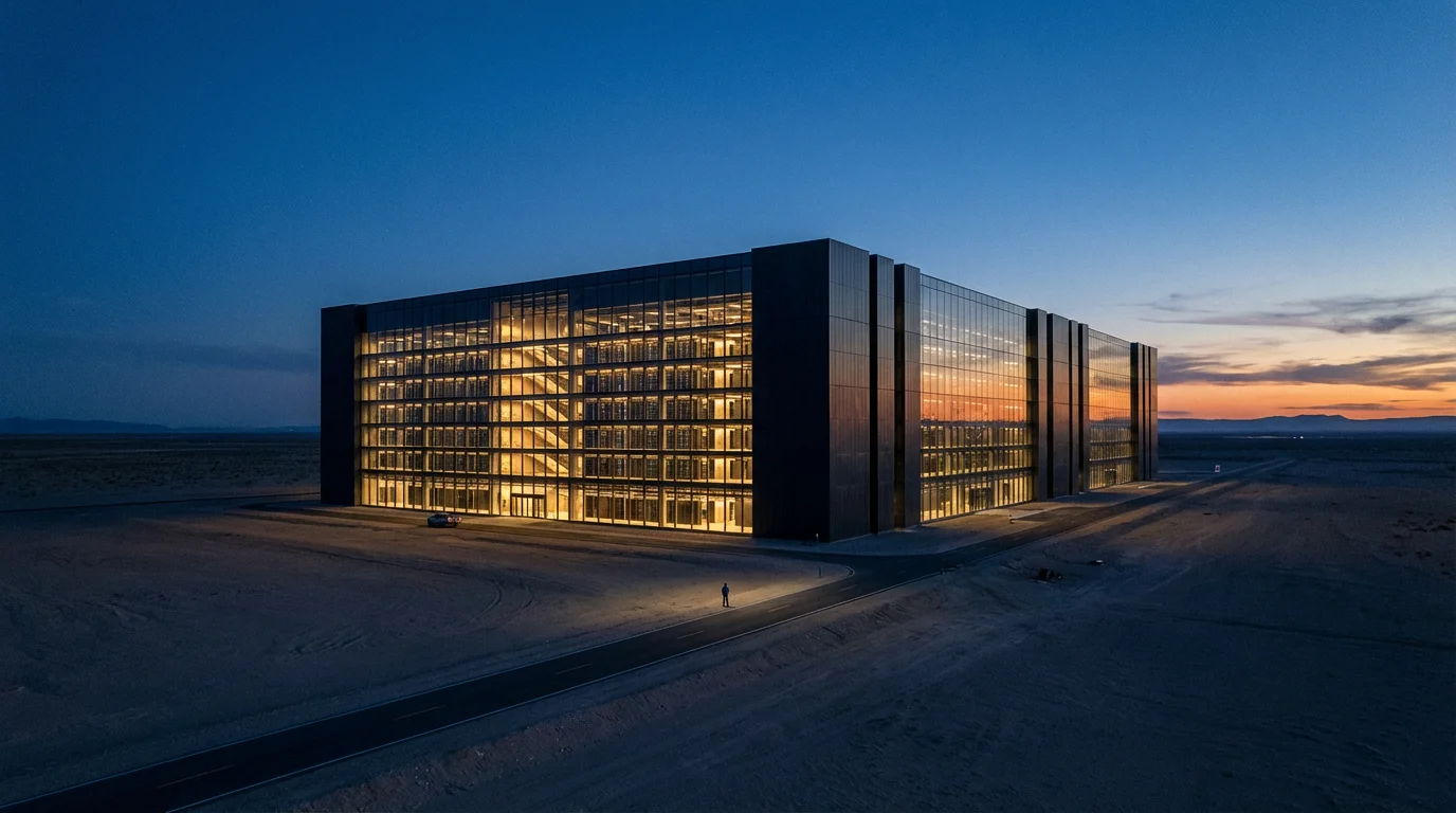 A massive, modern data center building with glowing windows at dusk under a blue sky.