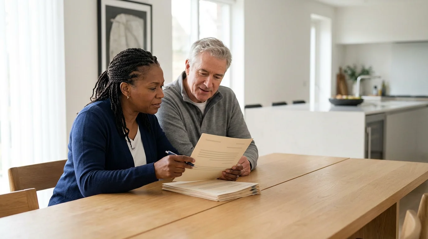 A mature couple sits at a dining table reviewing advance directive documents in natural light.