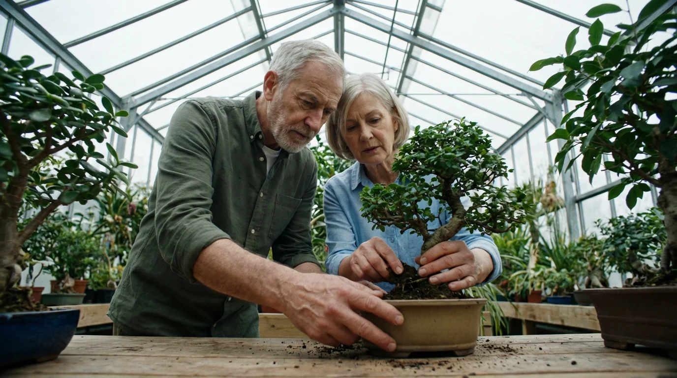 A mature couple works together, carefully repotting a delicate bonsai tree in a greenhouse.