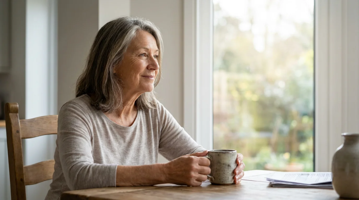 A mature woman sits at a table with coffee, bathed in morning light, contemplating.