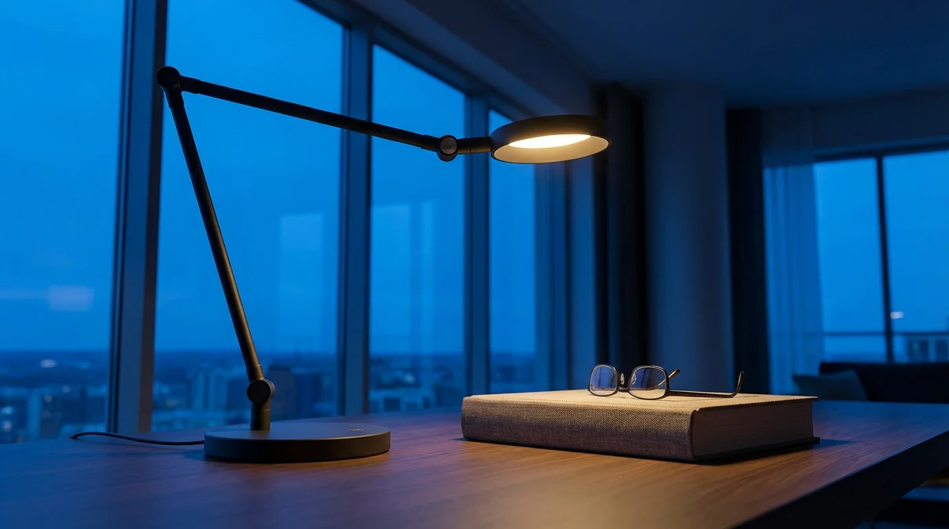 A modern desk lamp brightly illuminates a book and glasses during evening blue hour.