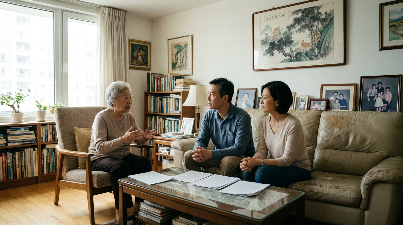A multi-generational family discussing important matters in a warm, sunlit living room.
