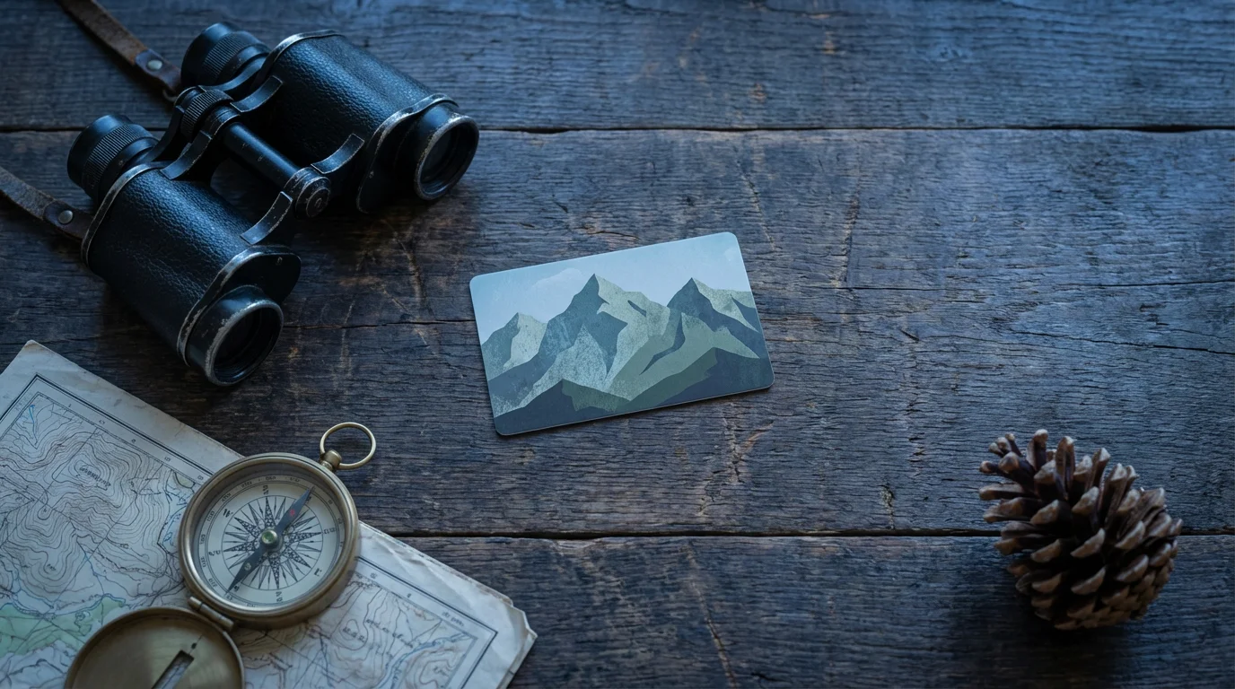 A national park pass, binoculars, a compass, and a map arranged on a wooden table.