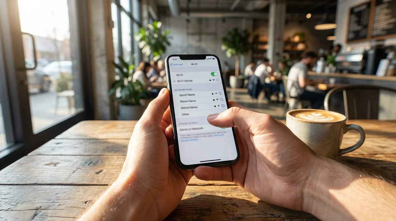 A person holds a smartphone to connect to public Wi-Fi in a coffee shop.