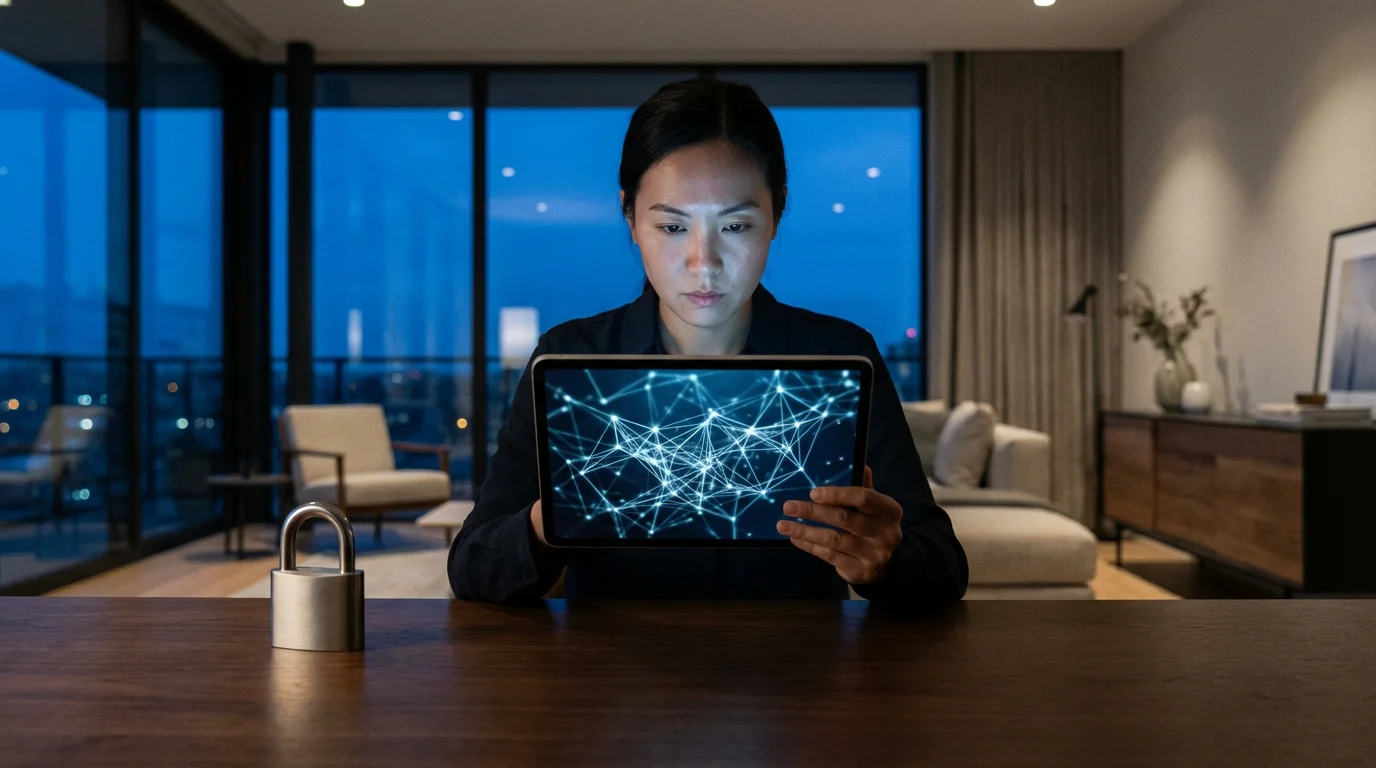 A person in a modern office at dusk views a secure network on a tablet.