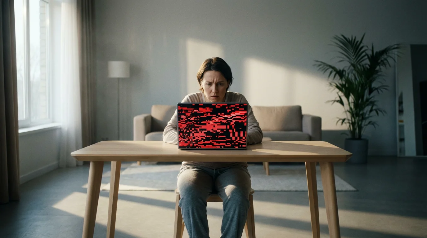 A person looks at a laptop showing an abstract security error in a bright, modern room.