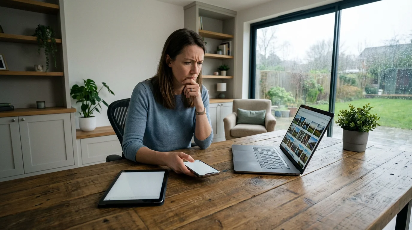 A person looks frustrated as photos from their laptop are not syncing to their phone.