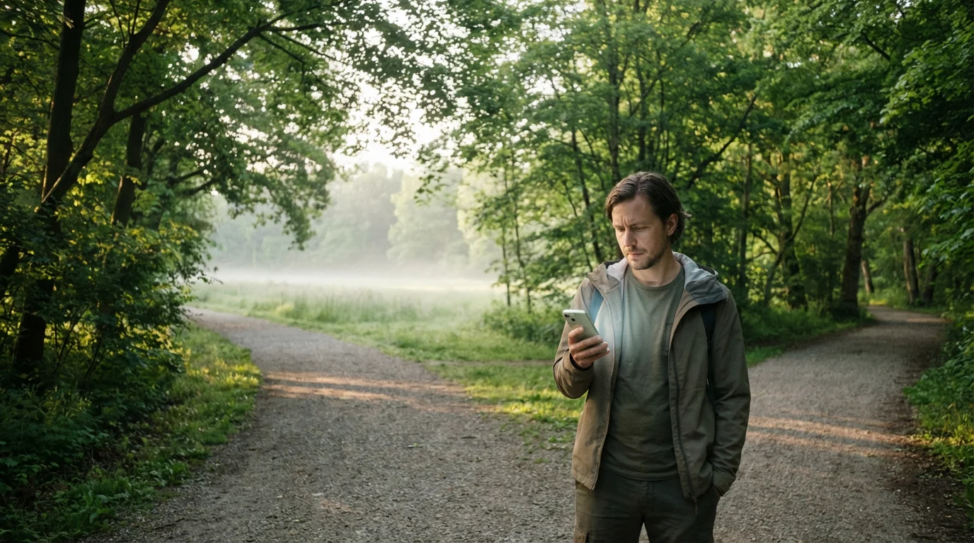 A person pauses at a fork in a park path, troubleshooting GPS on a smartphone.