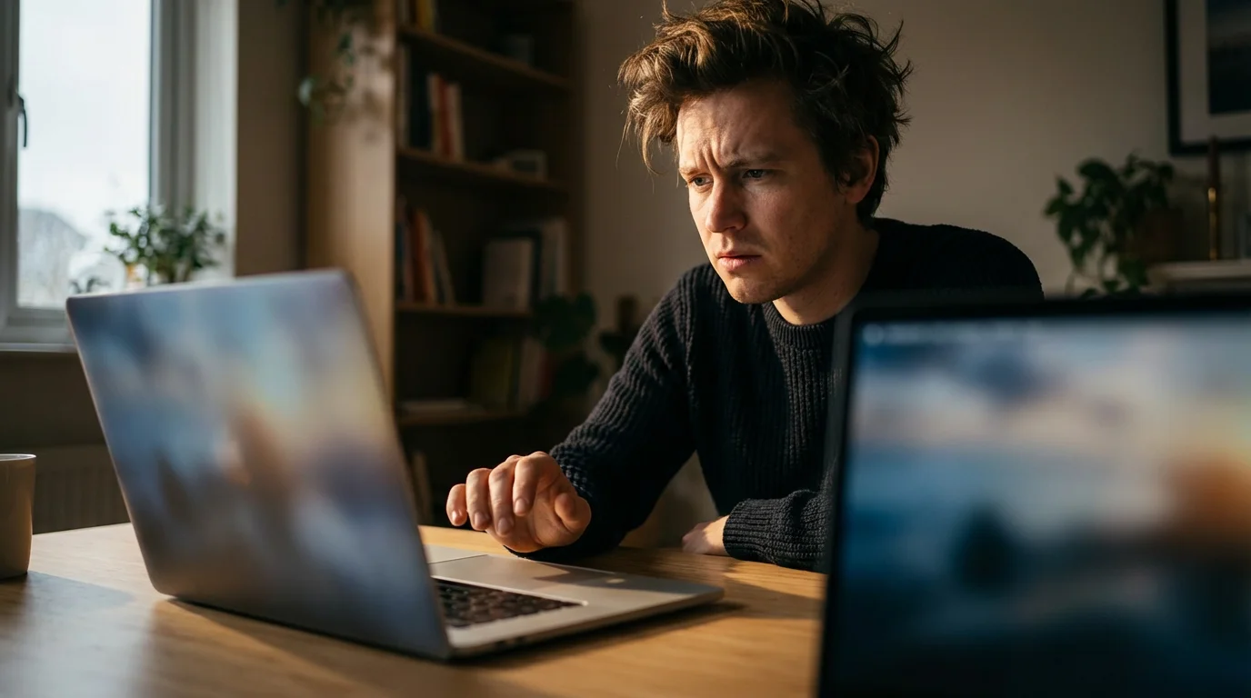 A person sitting at a desk, looking cautiously at their laptop screen.