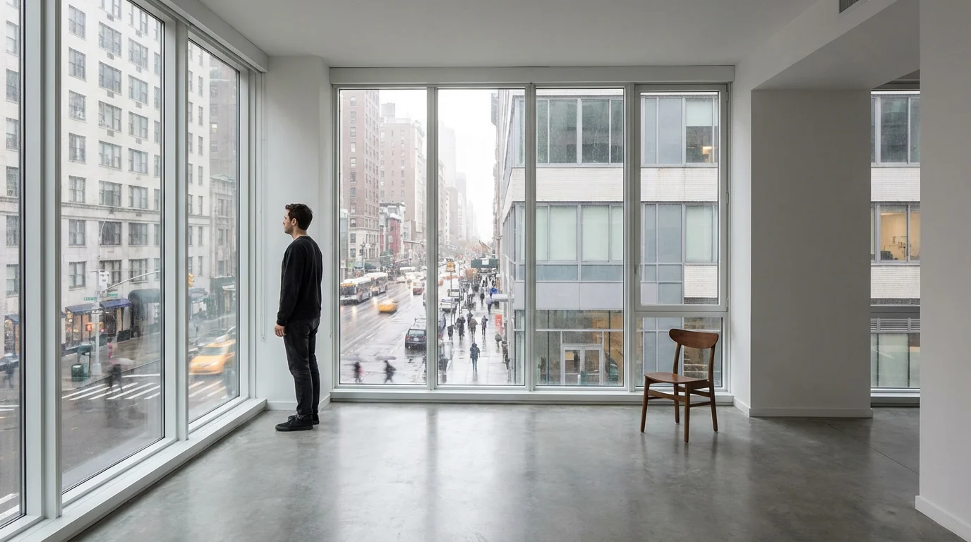 A person stands alone inside an apartment, looking out a large window at a busy street.
