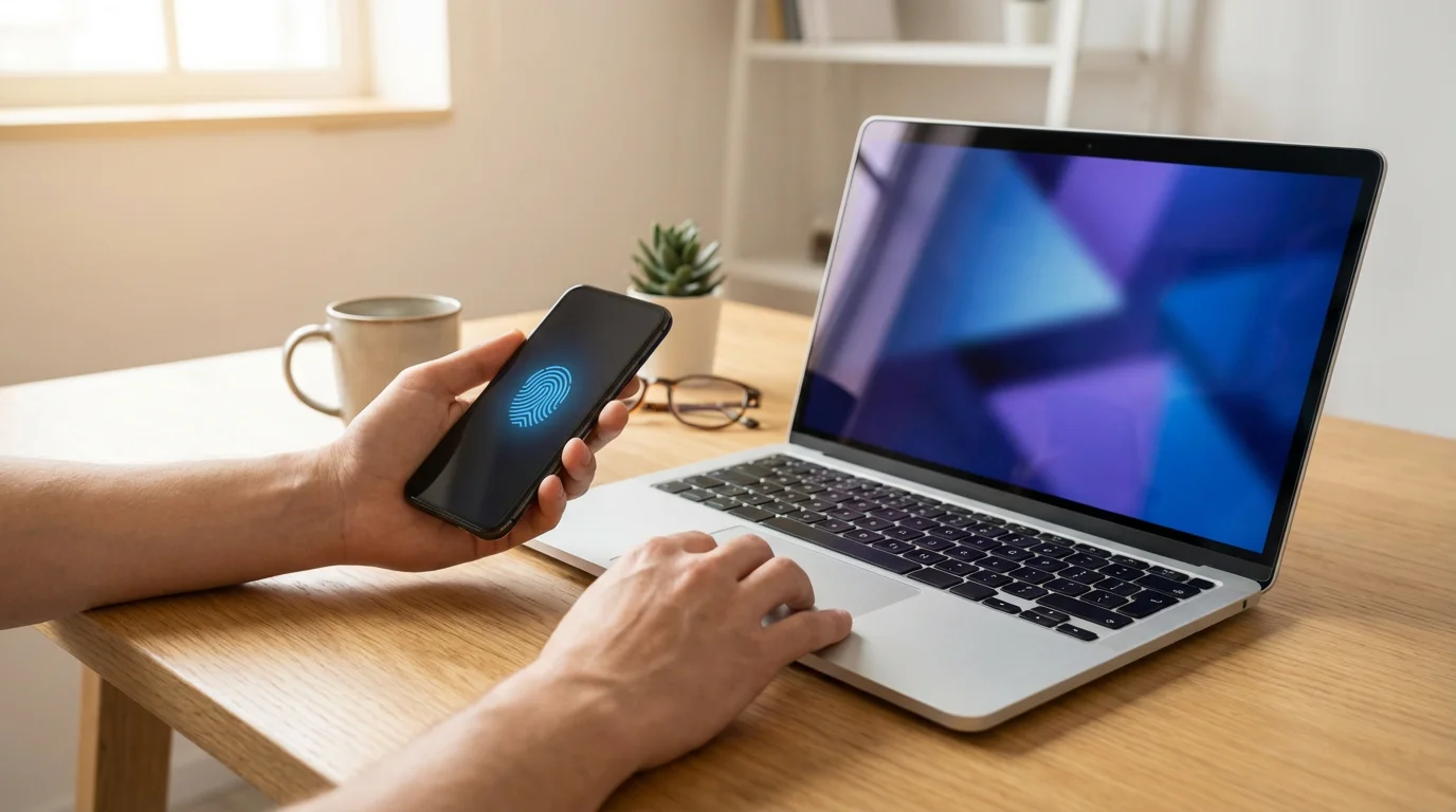 A person using a smartphone with a fingerprint icon and a laptop for security.