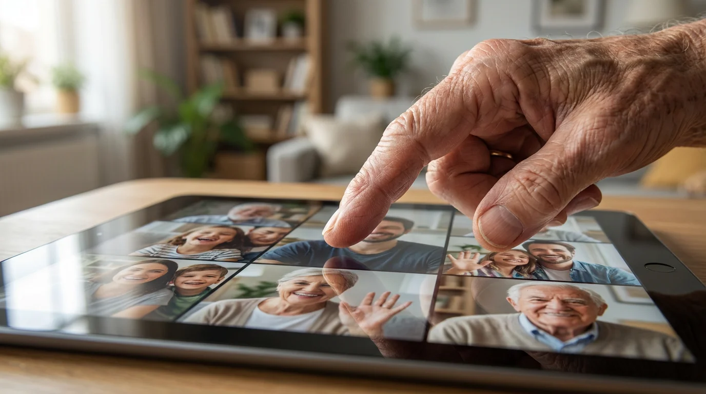 A person's finger hovers over a tablet displaying a family video call.