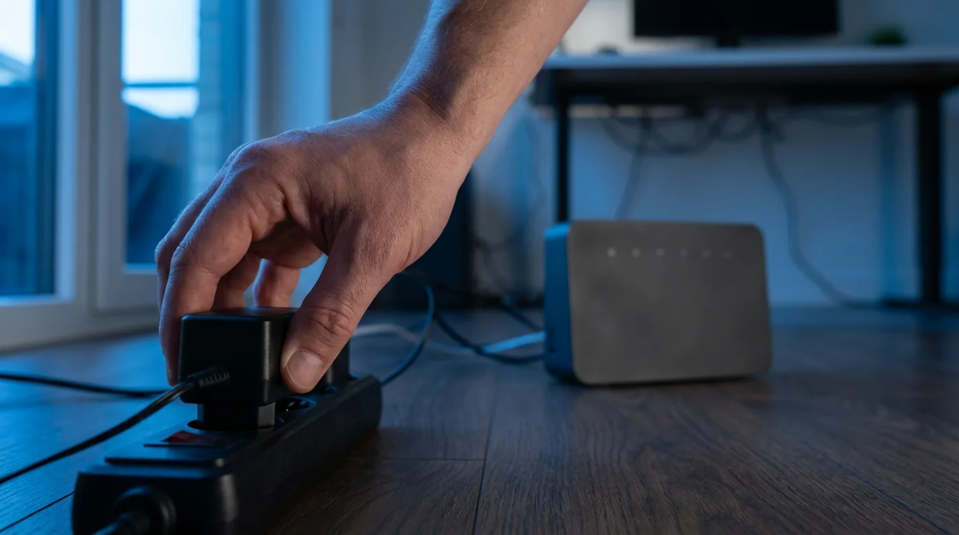 A person's hand unplugging a Wi-Fi router from a power strip at dusk.