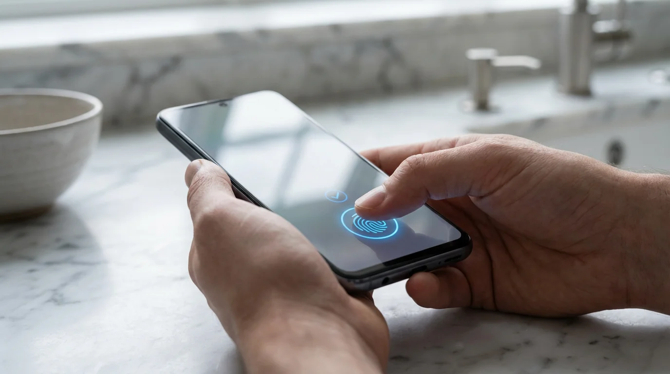 A person's hands holding a smartphone, using a thumbprint scan to securely log in.