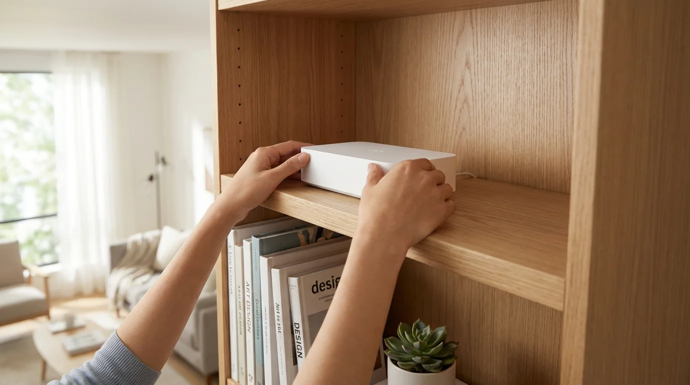 A person's hands placing a modern white Wi-Fi router on a high wooden bookshelf.