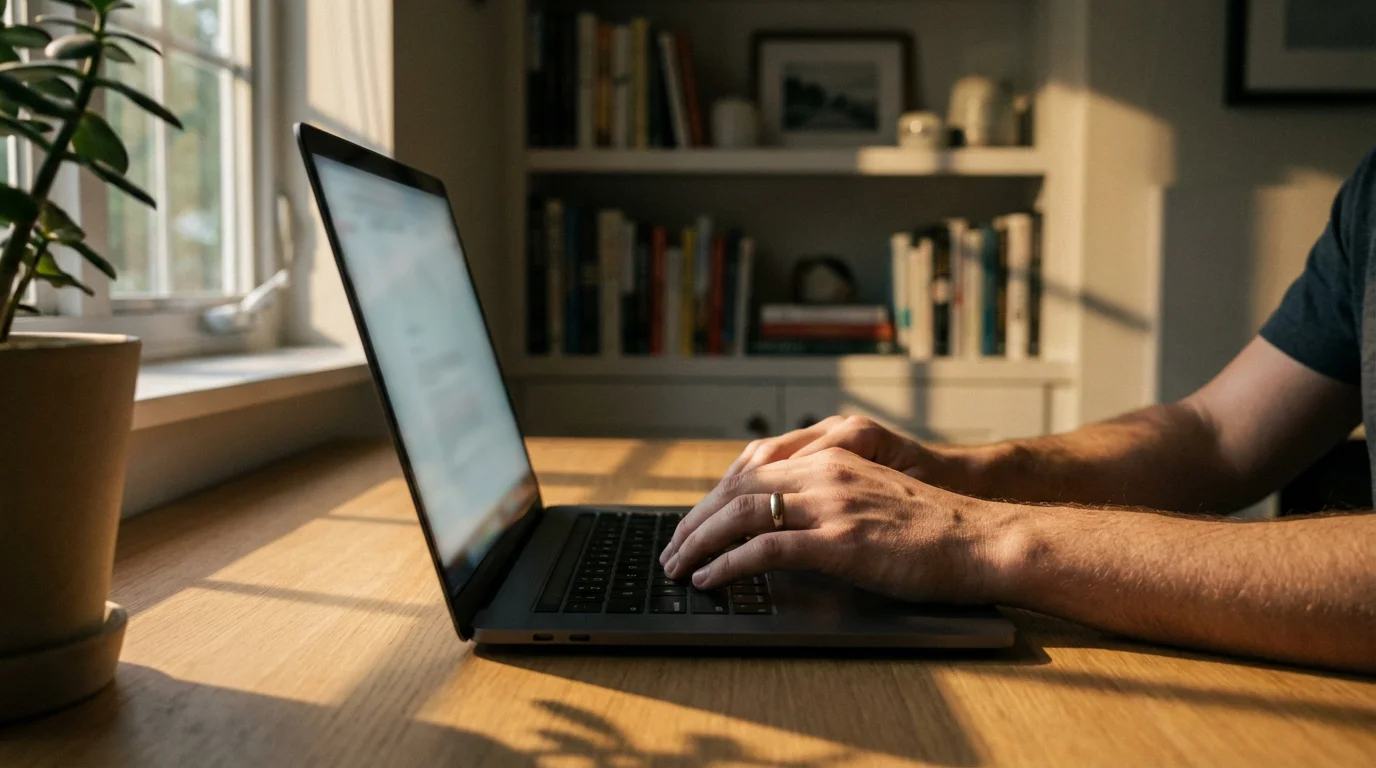 A person's hands resting on a laptop keyboard in a sunlit home office.