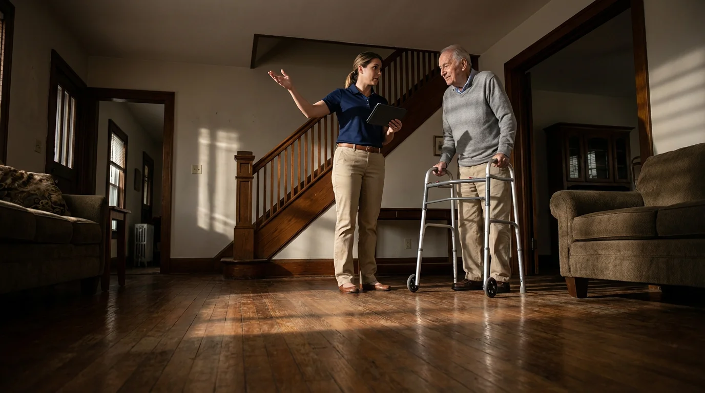 A professional assessor talks with a senior man about home safety near a staircase.