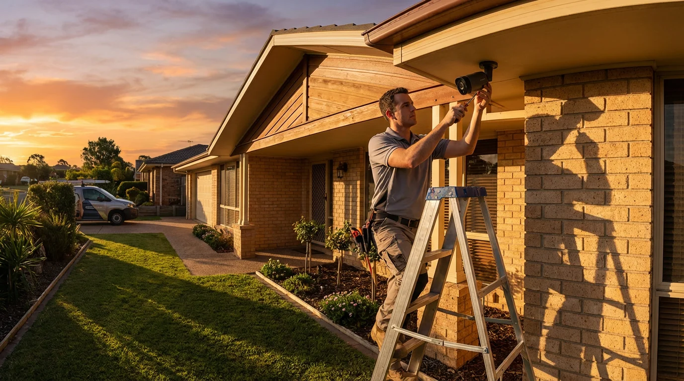 A professional technician on a ladder installing a security camera on a home's exterior.