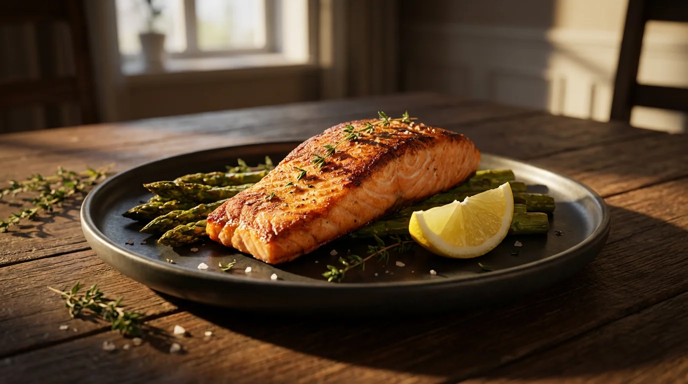 A protein-rich meal of pan-seared salmon and asparagus on a dark plate.
