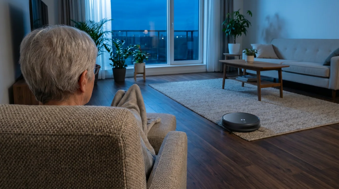 A robotic vacuum cleaner autonomously cleaning a modern living room floor during twilight.