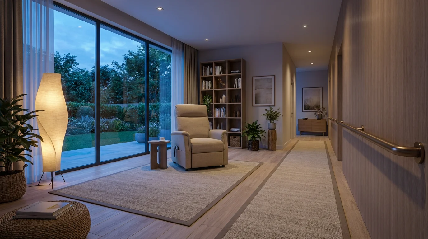 A safe, accessible, and modern living room with a lift chair at dusk.