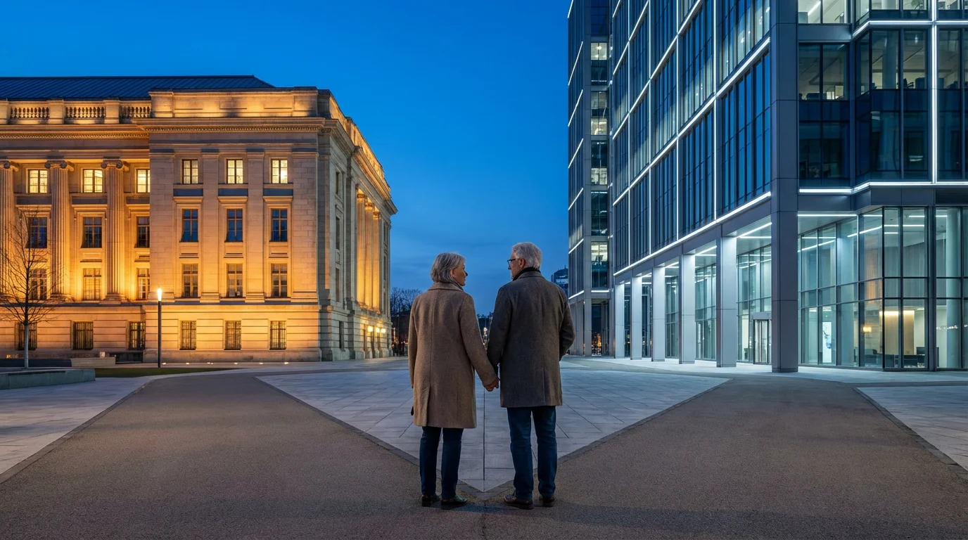 A senior couple at a crossroads between a classic building and a modern building.