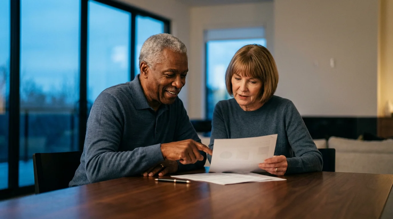 A senior couple attentively reviewing paperwork at a dining table during blue hour.
