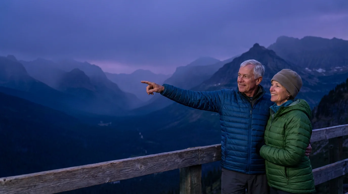 A senior couple enjoying a beautiful mountain vista from a national park overlook at dusk.