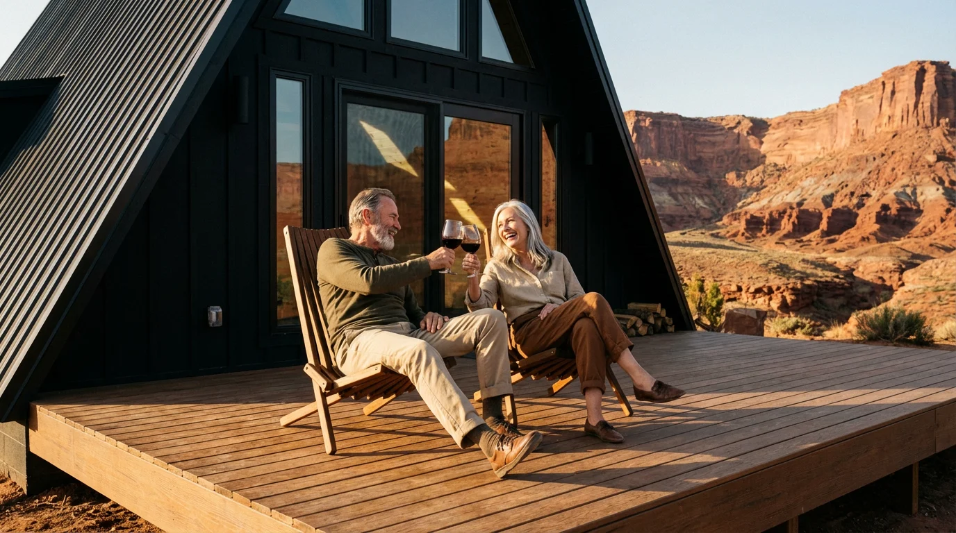 A senior couple enjoying wine on the deck of a modern A-frame glamping cabin.