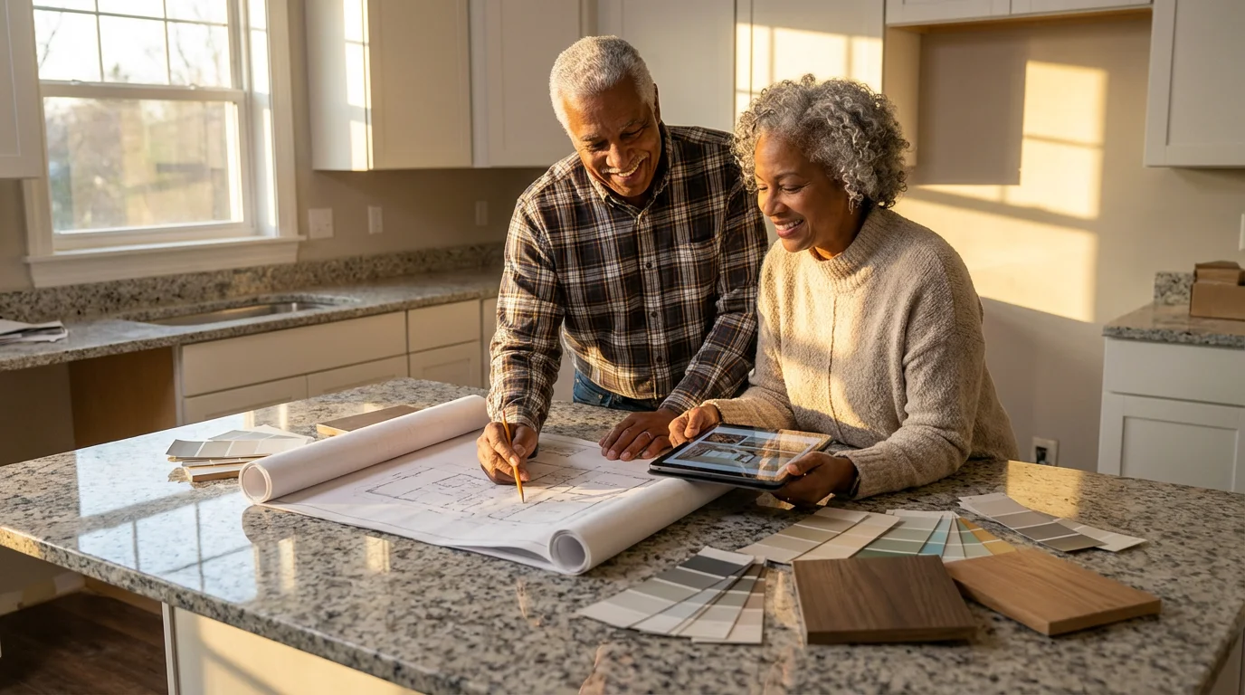 A senior couple happily plans a home renovation in their kitchen at sunset.